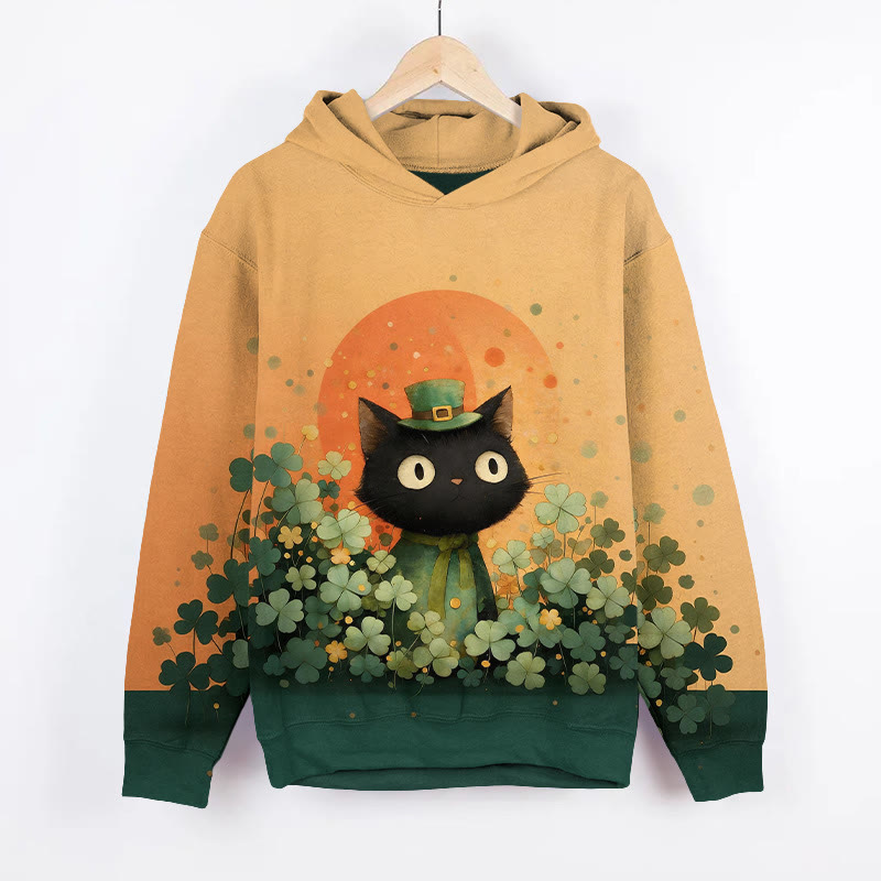 St. Patrick's Day Four-leaf Clover Black Cat Art Print Long Sleeve Hoodie - Yellow - US44-46(8XL) - image 2