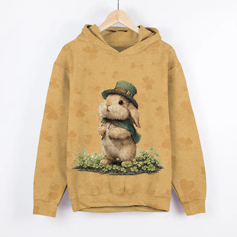 St. Patrick's Day Four-leaf Clover Rabbit Art Print Long Sleeve Hoodie - Yellow - US44-46(8XL) - image 2