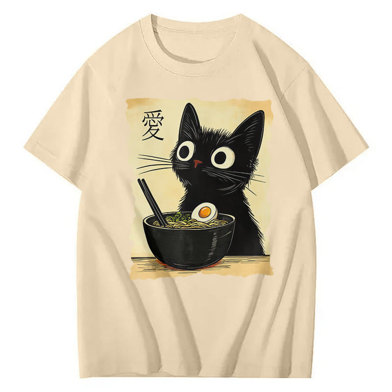 Unisex Funny Cat Eating Ramen Print Short Sleeved Crew Neck T-Shirt - Apricot - 2XL - image 2