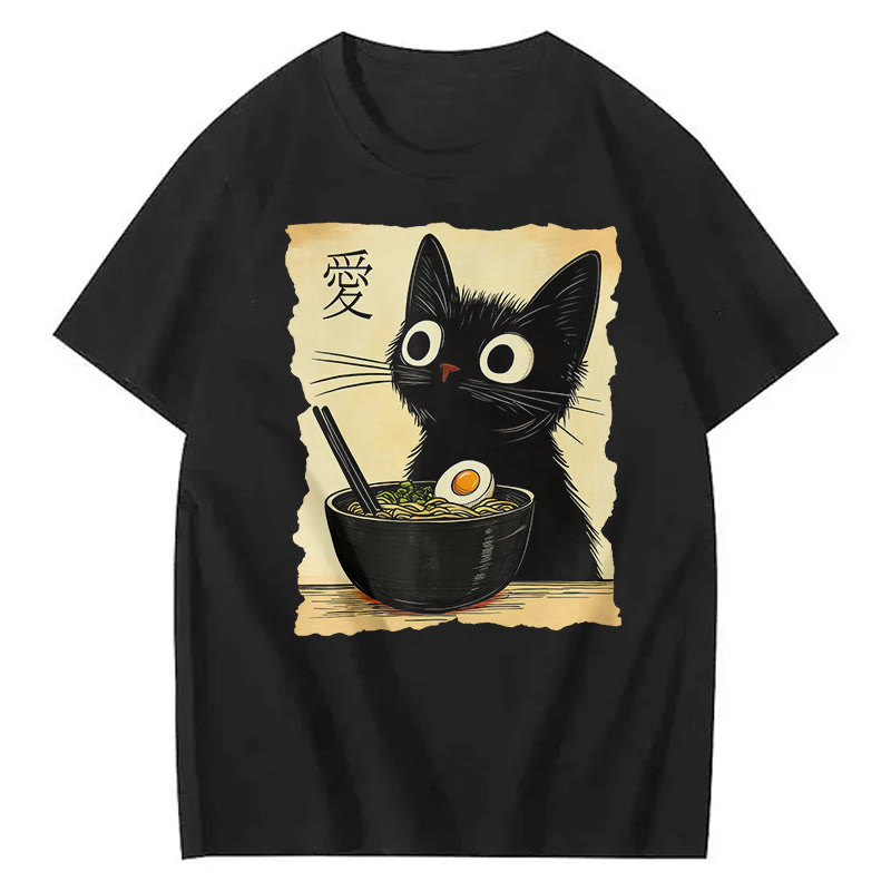 Unisex Funny Cat Eating Ramen Print Short Sleeved Crew Neck T-Shirt - Black - 2XL - image 1
