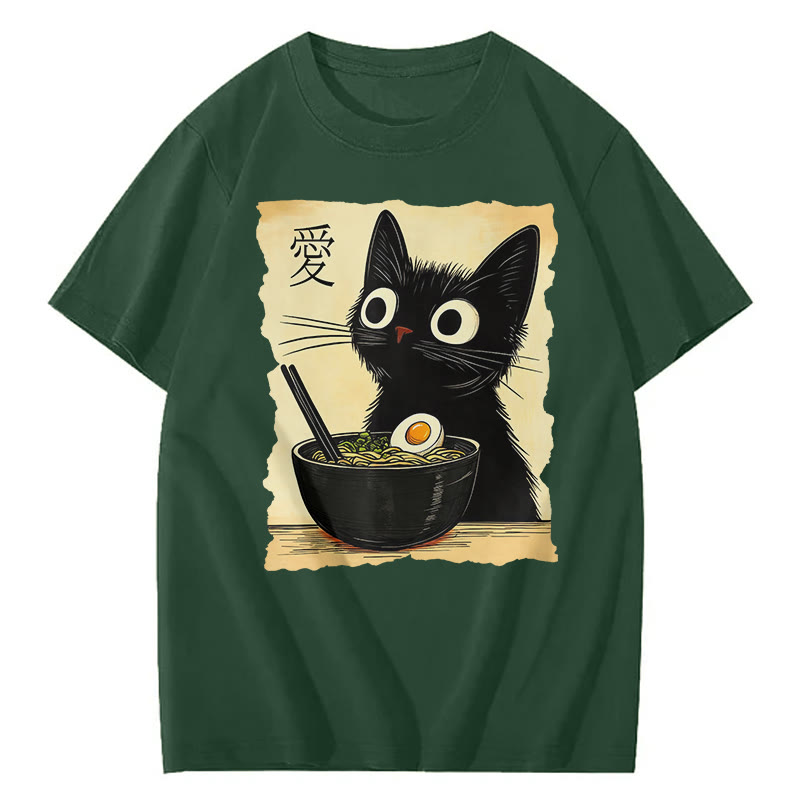 Unisex Funny Cat Eating Ramen Print Short Sleeved Crew Neck T-Shirt - Green - 2XL - image 6