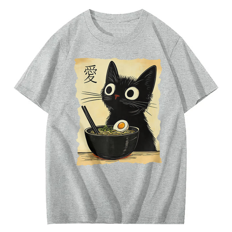Unisex Funny Cat Eating Ramen Print Short Sleeved Crew Neck T-Shirt - Grey - 2XL - image 4