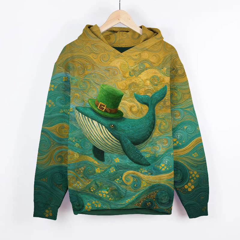  St. Patrick's Day Four-leaf Clover Whale Starry Sky Art Print Long Sleeve Hoodie - Green - US44-46(8XL) - image 1