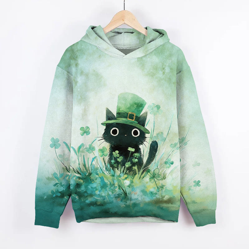 St. Patrick's Day Four-leaf Clover Cute Cat Art Print Long Sleeve Hoodie - Green - US44-46(8XL) - image 1