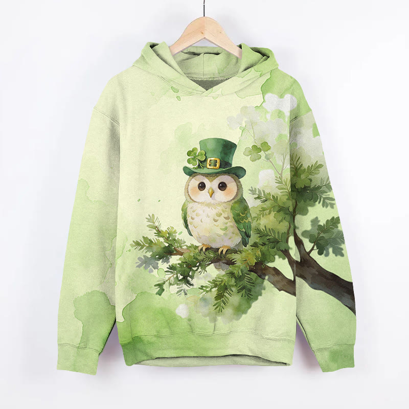 St. Patrick's Day Owl Art Print Long Sleeve Hoodie - Green - US44-46(8XL) - image 1