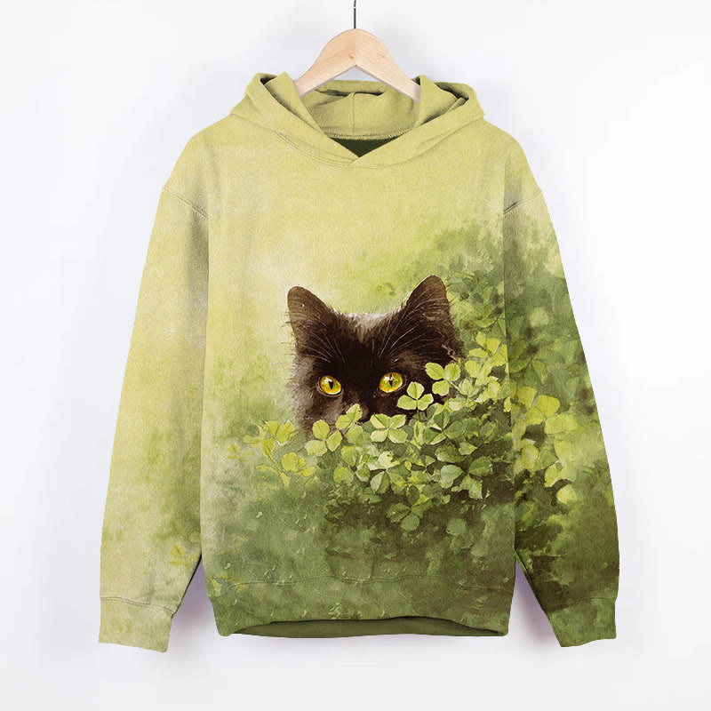  St. Patrick's Day Black Cat Four-leaf Clover Art Print Long Sleeve Hoodie - Yellow - US44-46(8XL) - image 2