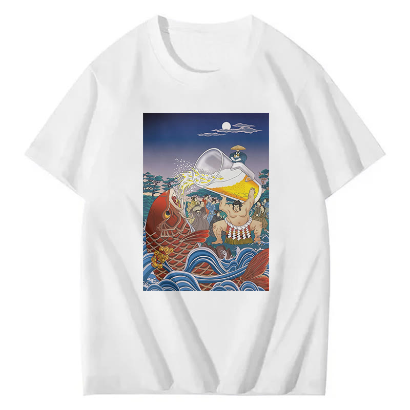 Beer Ukiyo-E Print Short Sleeved Crew Neck T-Shirt - White - 2XL - image 2