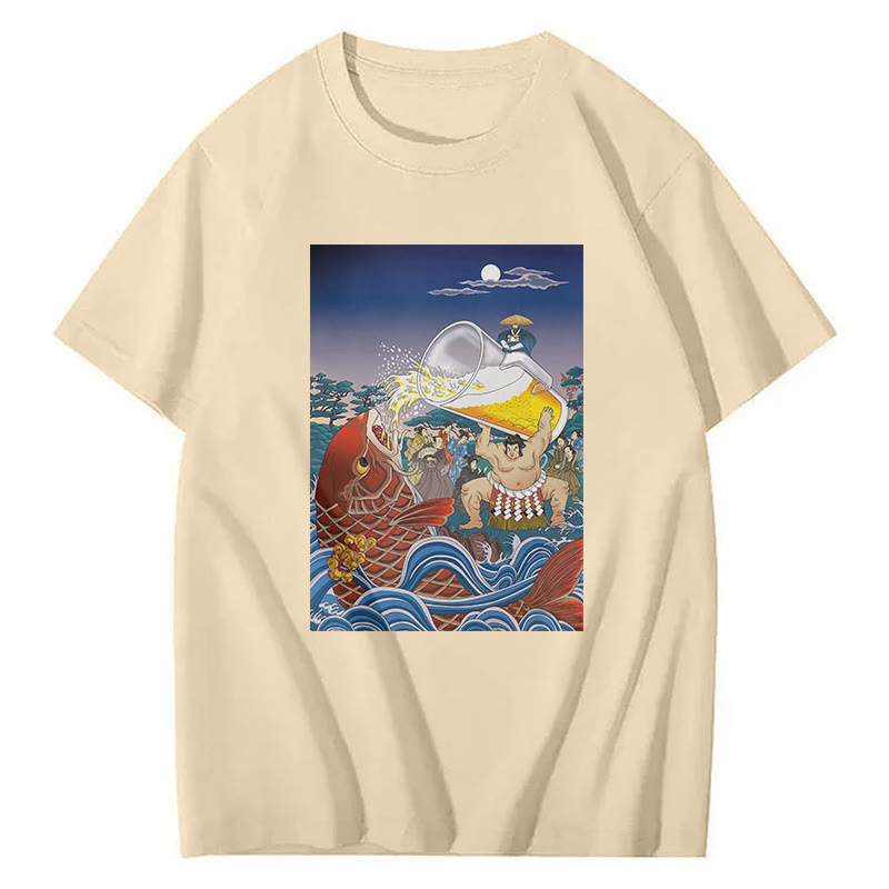 Beer Ukiyo-E Print Short Sleeved Crew Neck T-Shirt - Apricot - 2XL - image 1