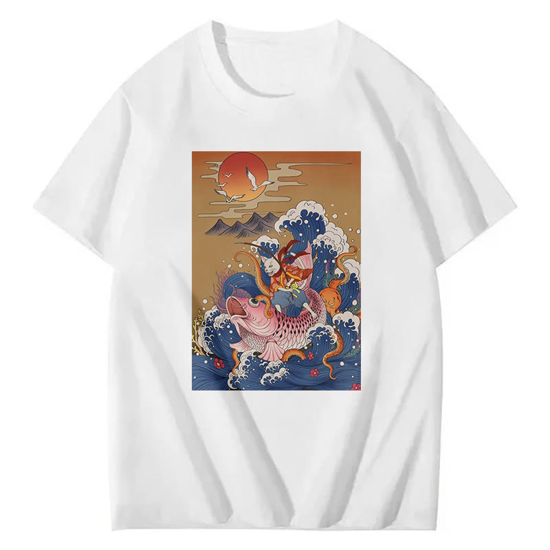 Samurai Cat And Koi Fish Print Short Sleeved Crew Neck T-Shirt - White - 2XL - image 2