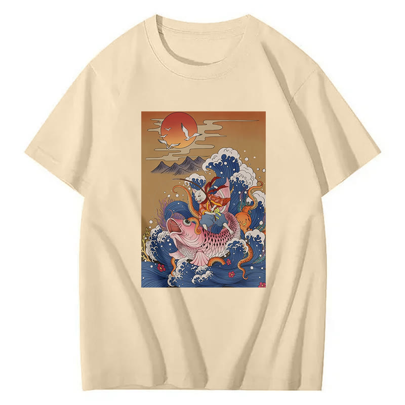 Samurai Cat And Koi Fish Print Short Sleeved Crew Neck T-Shirt - Apricot - 2XL - image 1