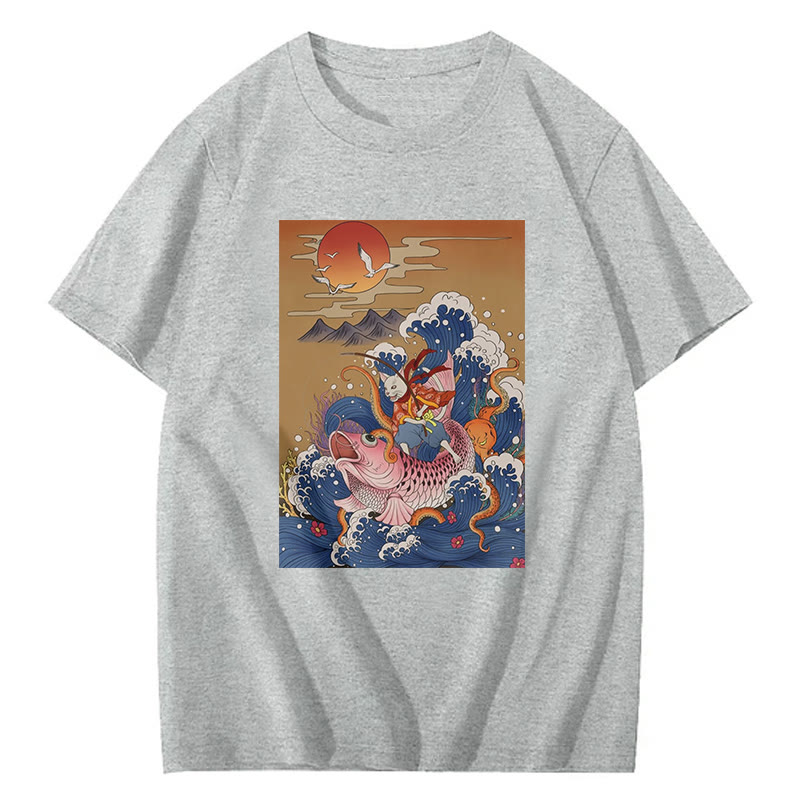 Samurai Cat And Koi Fish Print Short Sleeved Crew Neck T-Shirt - Grey - 2XL - image 3