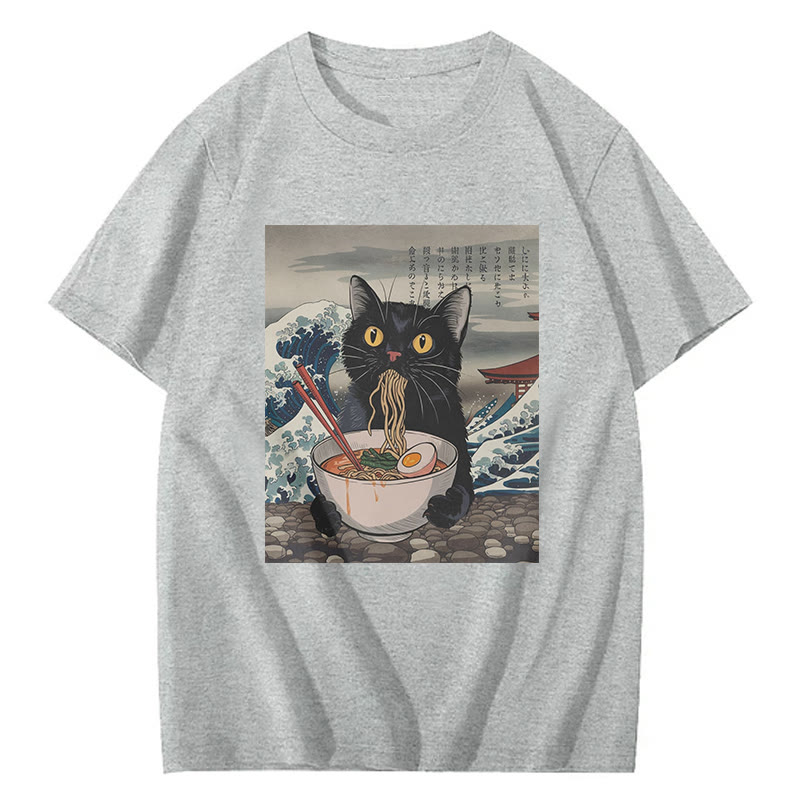 Ukiyo-E Black Cat Ramen Print Short Sleeved Crew Neck T-Shirt - Grey - 2XL - image 4