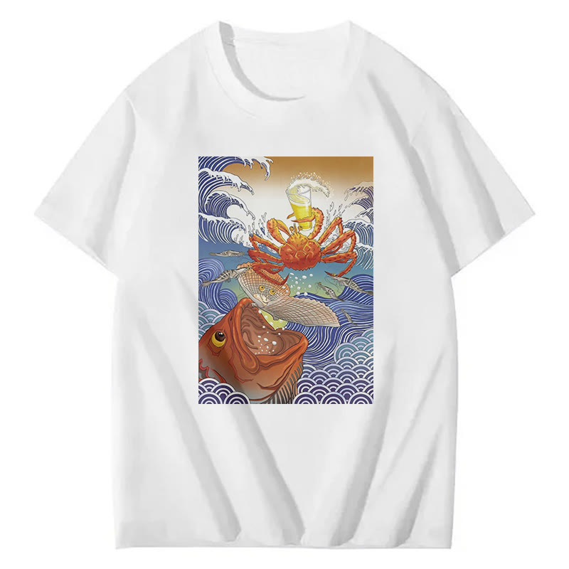 Ukiyo-E Seafood And Beer  Print Short Sleeved Crew Neck T-Shirt - White - 2XL - image 2