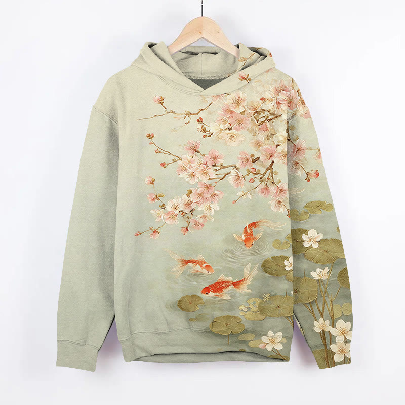 Lovely Goldfish Pond Under Peach Blossom Art Print Long Sleeve Hoodie - Green - US44-46(8XL) - image 1