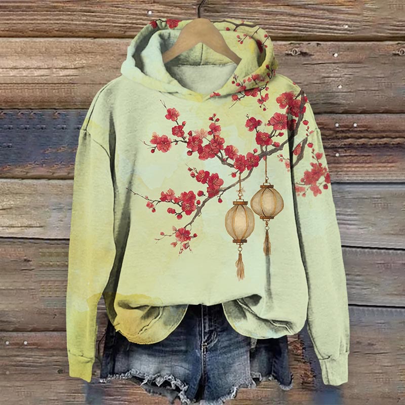 Japanese Vintage Lantern Hanging On Plum Blossom Tree Art Print Long Sleeve Hoodie - Green - US44-46(8XL) - image 1