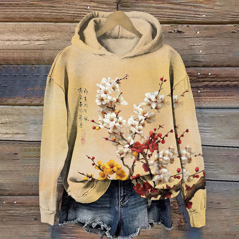 Japanese Vintage Colorful Blossoms Art Print Long Sleeve Hoodie - Orange - US44-46(8XL) - image 1