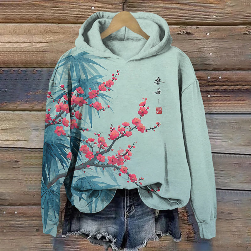 Japanese Watercolor Painting Of Flowers And Bamboo Leaf Art Print Long Sleeve Hoodie - image 2