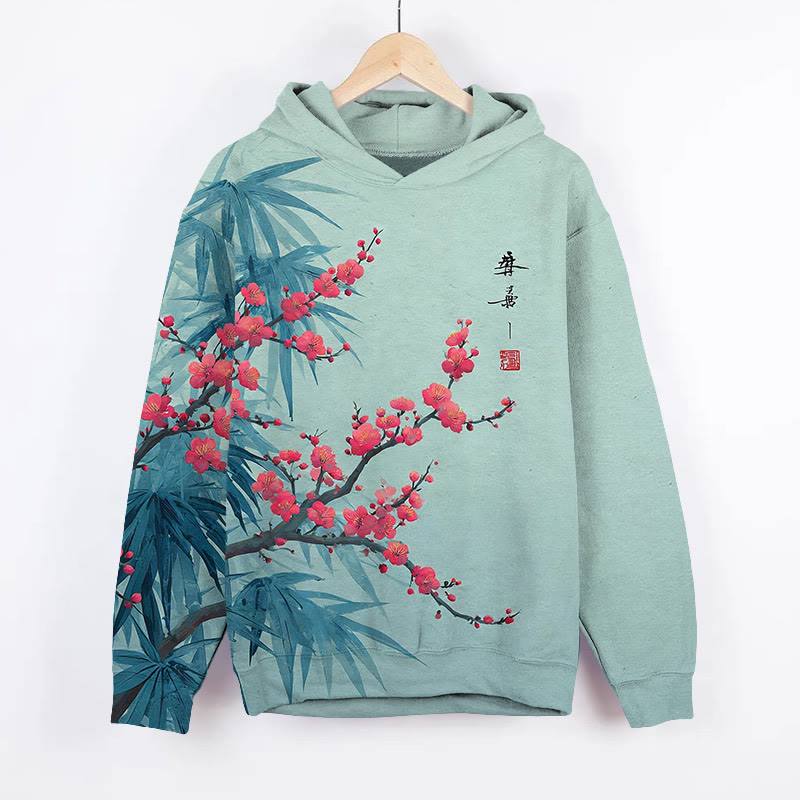 Japanese Watercolor Painting Of Flowers And Bamboo Leaf Art Print Long Sleeve Hoodie - Blue - US44-46(8XL) - image 1