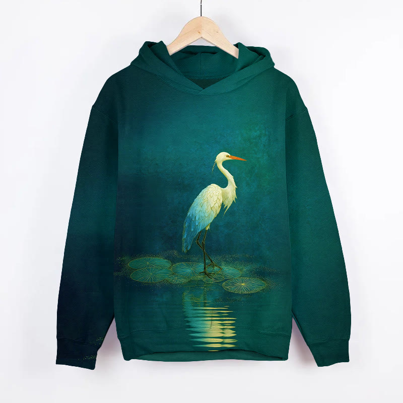 Fantasy White Crane Standing On Lotus Leaf Art Print Long Sleeve Hoodie - Green - US44-46(8XL) - image 2