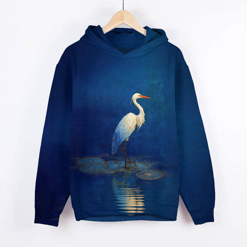 Fantasy White Crane Standing On Lotus Leaf Art Print Long Sleeve Hoodie - Blue - US44-46(8XL) - image 1