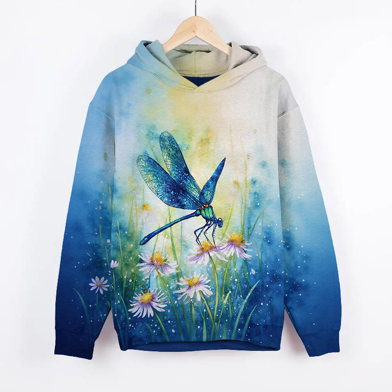 Oil Painting Fantasy Dragonfly & Daisy Art Print Long Sleeve Hoodie - Blue - US44-46(8XL) - image 1
