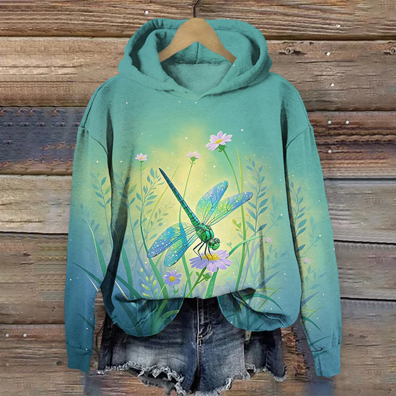 Watercolor Fantasy Dragonfly & Daisy Art Print Long Sleeve Hoodie - image 2