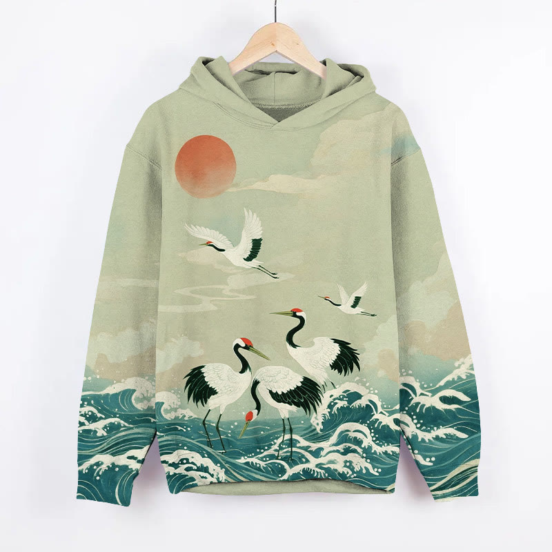 Japanese White Cranes Playing Over The Sea Art Print Long Sleeve Hoodie - Green - US44-46(8XL) - image 2