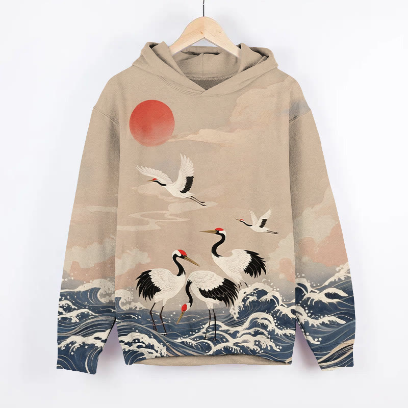 Japanese White Cranes Playing Over The Sea Art Print Long Sleeve Hoodie - Khaki - US44-46(8XL) - image 1