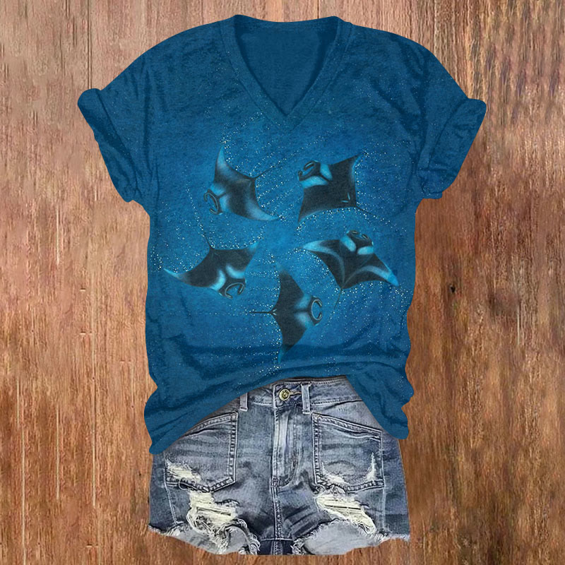 Watercolor Manta Ray Art Print Short Sleeved V-neck T-shirt - Dark Blue - US32-34(5XL) - image 1
