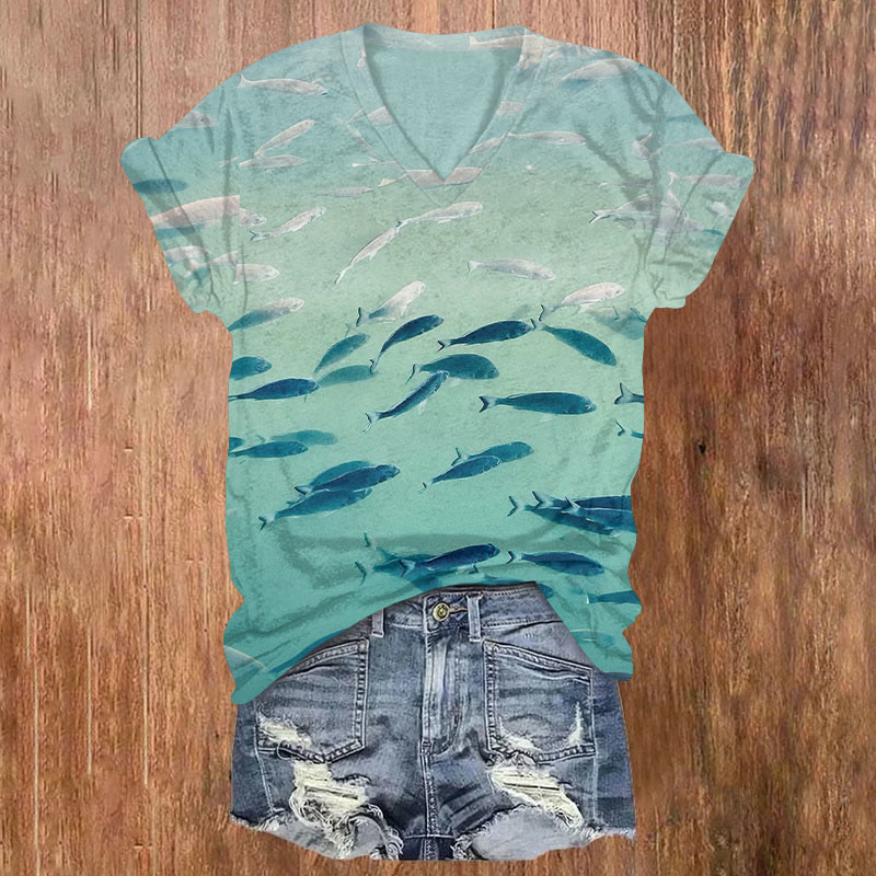 Ocean Fish School Art Print Short Sleeved V-neck T-shirt - Light Green - US32-34(5XL) - image 1