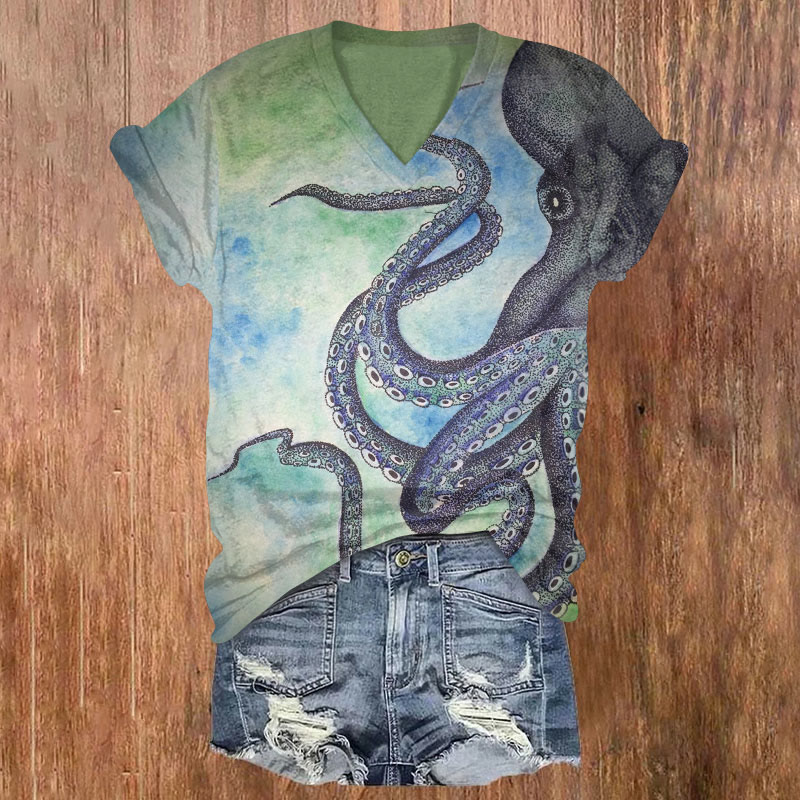 Ocean Octopus Watercolor Print Short Sleeved V-neck T-shirt - Multicolor - US32-34(5XL) - image 1