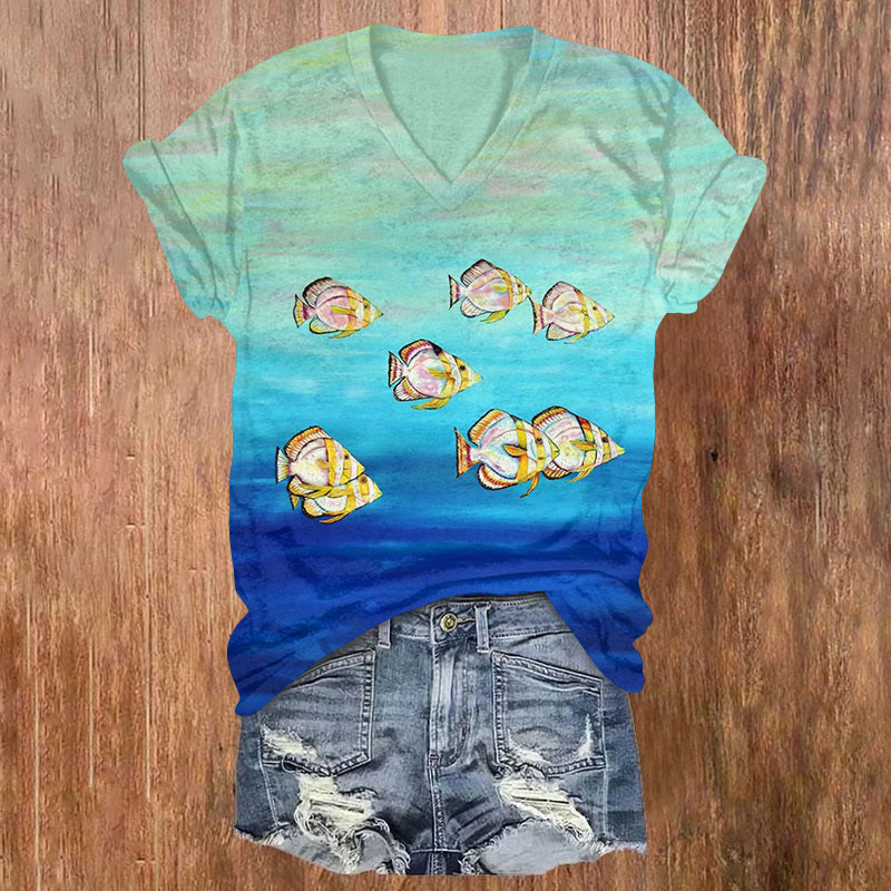 Underwater Tropical Fish School Print Short Sleeved V-neck T-shirt - Blue - US32-34(5XL) - image 1
