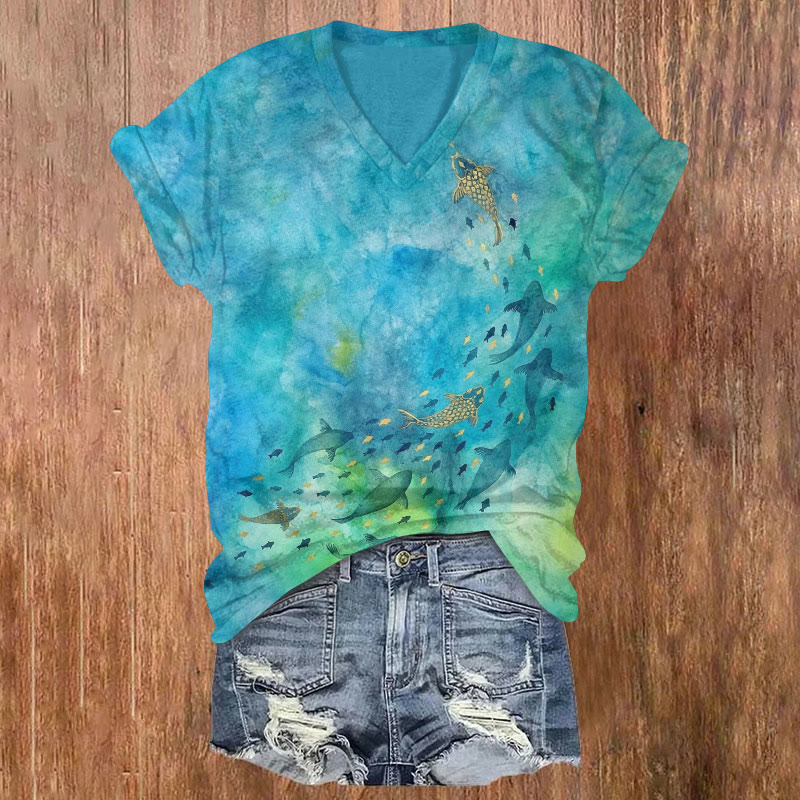 Underwater Fish School Watercolor Print Short Sleeved V-neck T-shirt - Blue - US32-34(5XL) - image 1