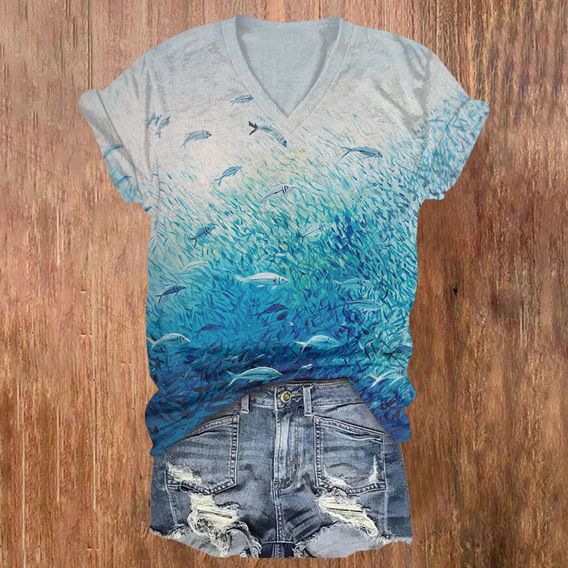 Underwater Fish Print Short Sleeved V-neck T-shirt - Blue - US32-34(5XL) - image 1