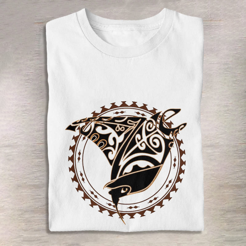Unisex Tribal Manta Ray Graphic Print Short Sleeved Crew Neck T-shirt - White - 2XL - image 1