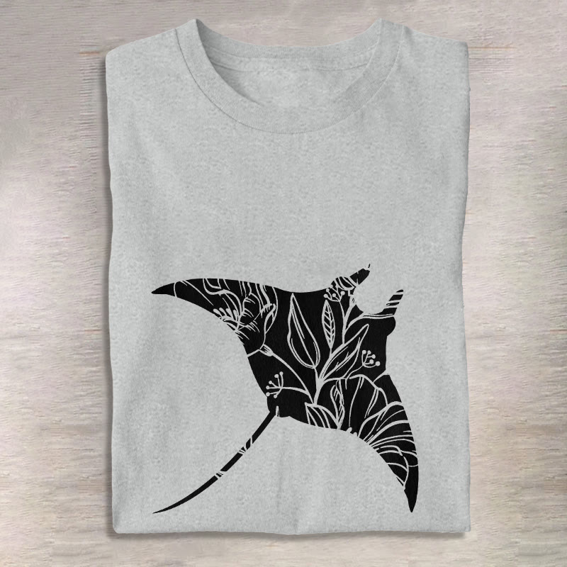 Unisex Floral Manta Ray Art Print Short Sleeved Crew Neck T-shirt - Grey - 2XL - image 2