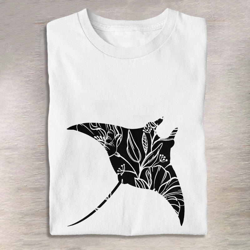 Unisex Floral Manta Ray Art Print Short Sleeved Crew Neck T-shirt - White - 2XL - image 1