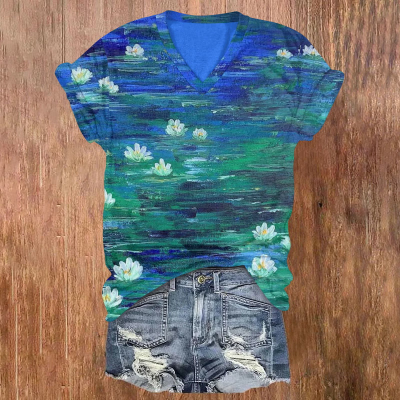 Oil Painting Blue & Green Lotus Print Short Sleeved V-neck T-shirt - Blue - US32-34(5XL) - image 1