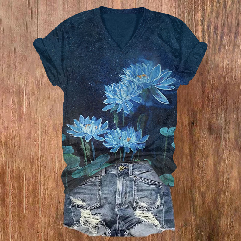 Starry Watercolor Blue Lotus Art Print Short Sleeved V-neck T-shirt - Blue - US32-34(5XL) - image 1