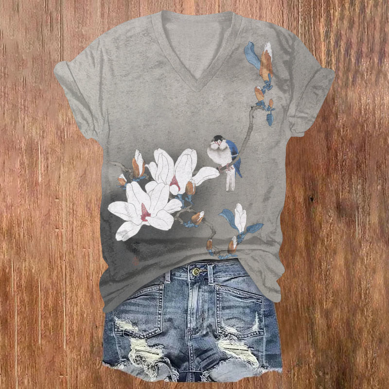 Lovely Cartoon Bird & Flower Print Short Sleeved V-neck T-shirt - Grey - US32-34(5XL) - image 1