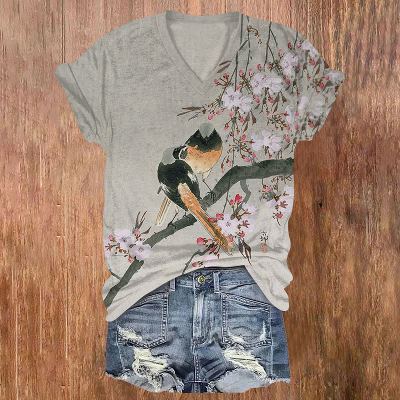 Vintage Couple Birds & Blossom Print Short Sleeved V-neck T-shirt - Grey - US32-34(5XL) - image 1