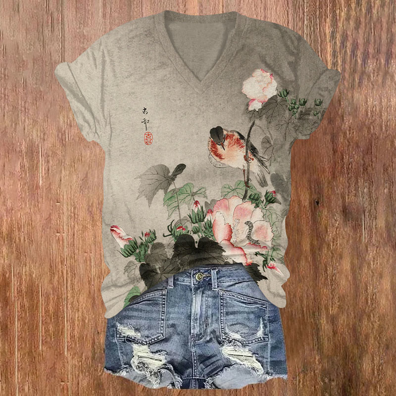 Japanese Vintage Watercolor Flowers & Bird Print Short Sleeved V-neck T-shirt - Khaki - US32-34(5XL) - image 1