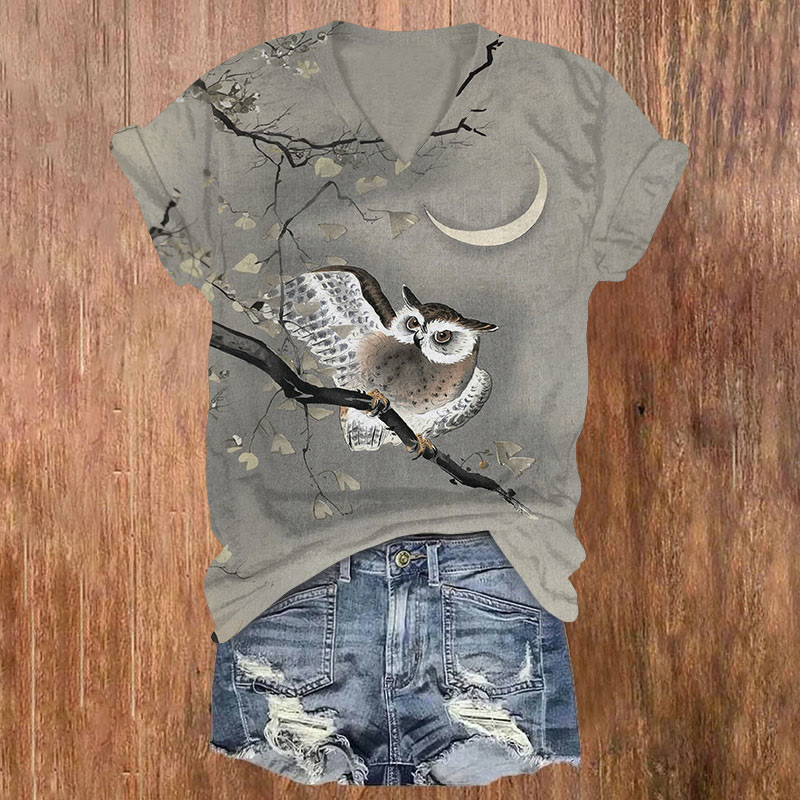 Vintage Owl & Moonlight Print Short Sleeved V-neck T-shirt - Grey - US32-34(5XL) - image 1