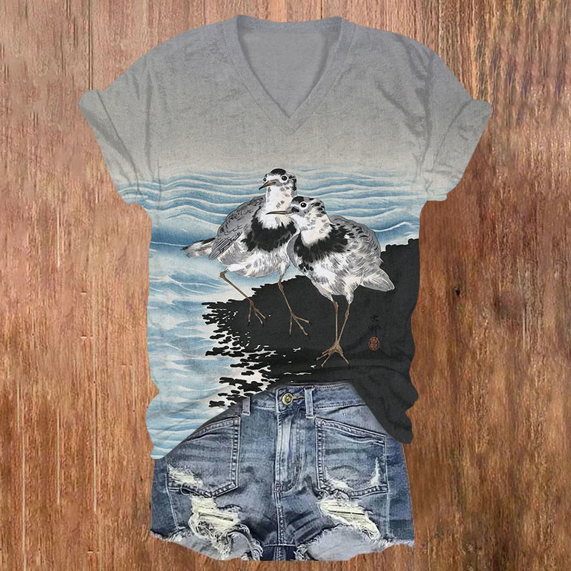 Japanese Sandpipers Pattern Print Short Sleeved V-neck T-shirt - Grey - US32-34(5XL) - image 1
