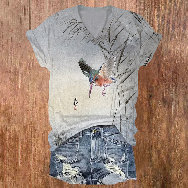 Japanese Woodblock Kingfisher Bird Art Print Short Sleeved V-neck T-shirt - Light Gray - US32-34(5XL) - image 1