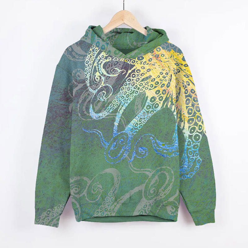 Vintage Colored Abstract Octopus Art Print Long Sleeve Hoodie - Green - US44-46(8XL) - image 2