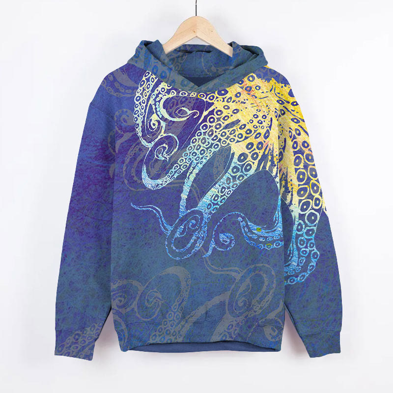 Vintage Colored Abstract Octopus Art Print Long Sleeve Hoodie - Blue - US44-46(8XL) - image 1