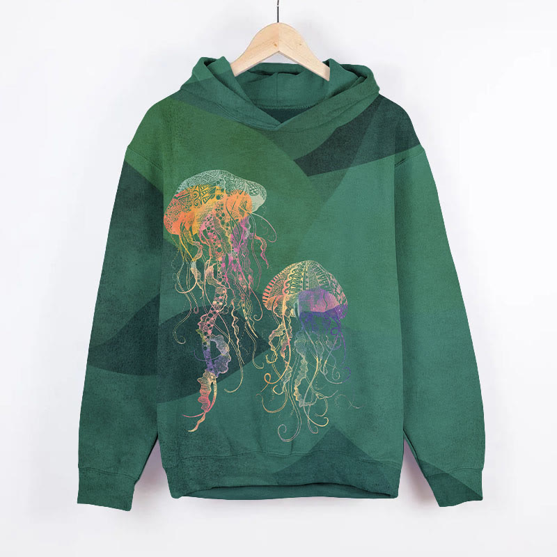 Creative Colorful Jellyfish Art Print Long Sleeve Hoodie - Green - US44-46(8XL) - image 1