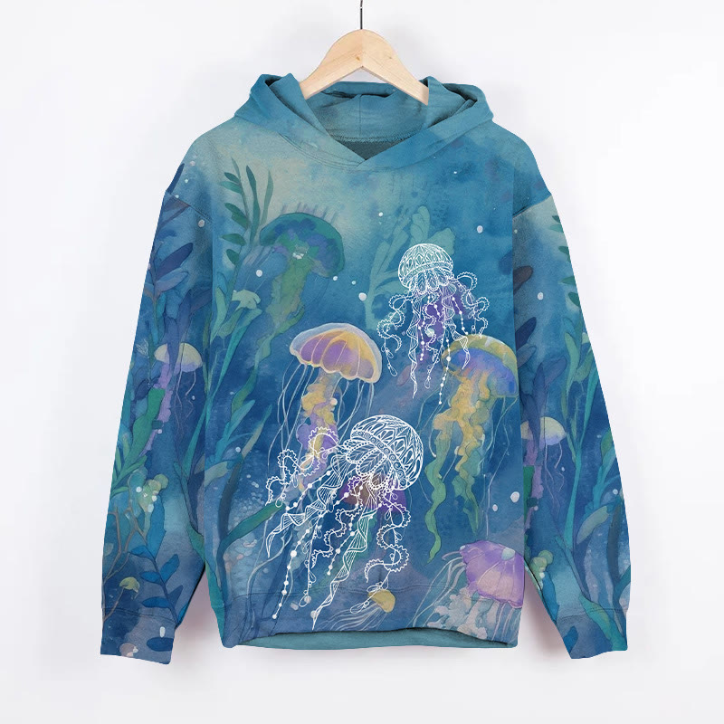  Fantasy Underwater Jellyfish Art Print Long Sleeve Hoodie - Blue - US44-46(8XL) - image 1