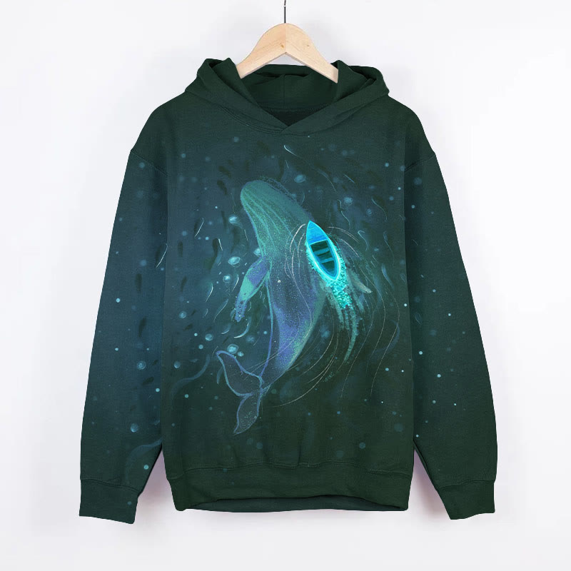 Stunning Glowing Boat & Whale In Dark Night Art Print Long Sleeve Hoodie - Green - US44-46(8XL) - image 2